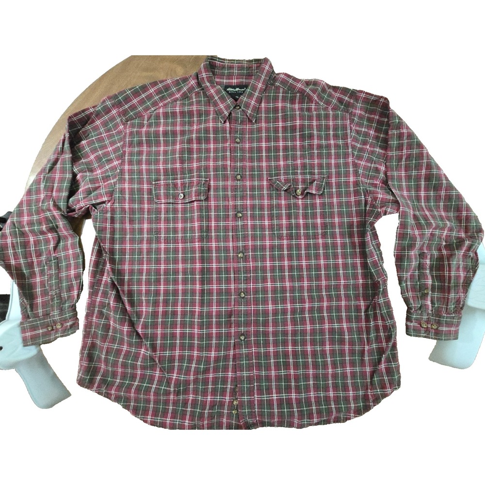 Eddie Bauer Shirt Men's 2XL Green Red Plaid Vintage Button Pockets Flannel XXL - Picture 3 of 5